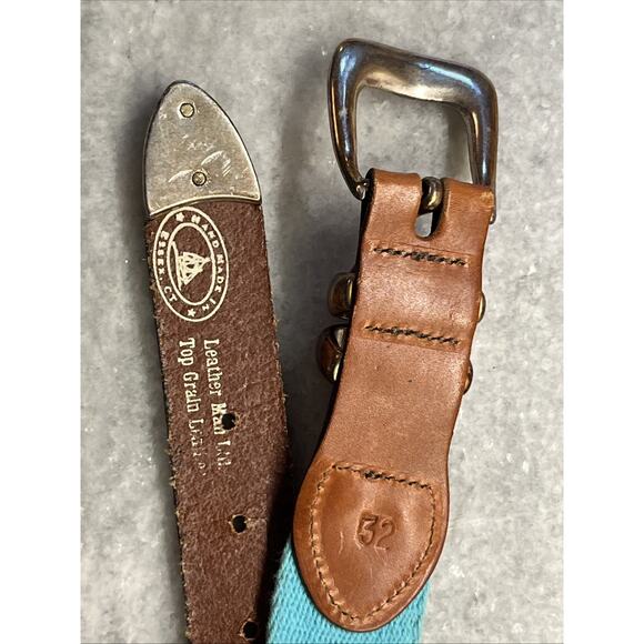 Leather Man Flamingo Embroidered Canvas Leather Belt Mens 32 Blue Pink Handmade - Picture 7 of 9